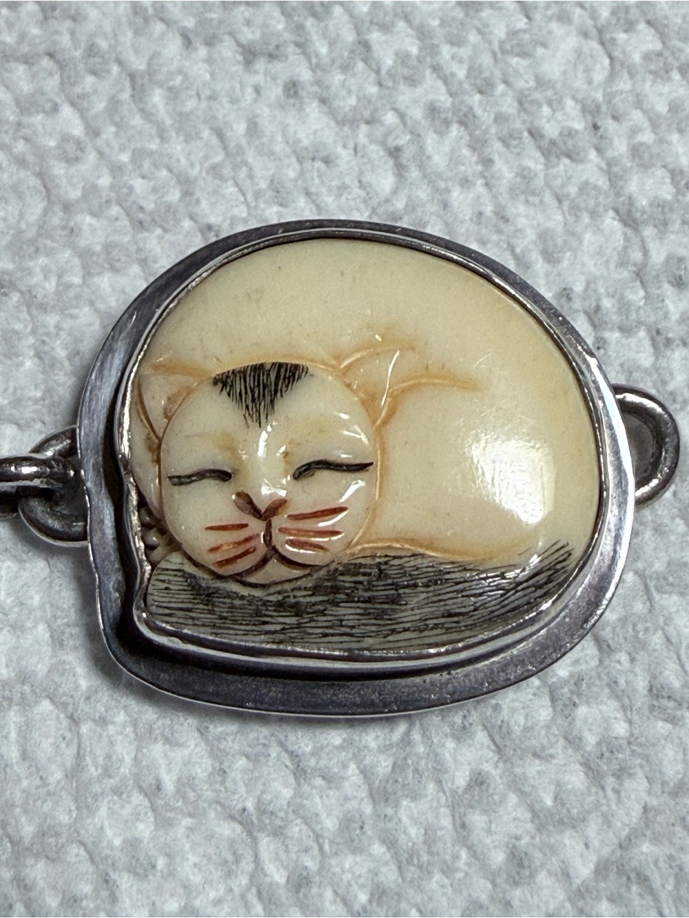 Vintage Tabra Bone Carved Cat Charm & Tabra Silver 925 Connector Bracelet Chain - Picture 3 of 11